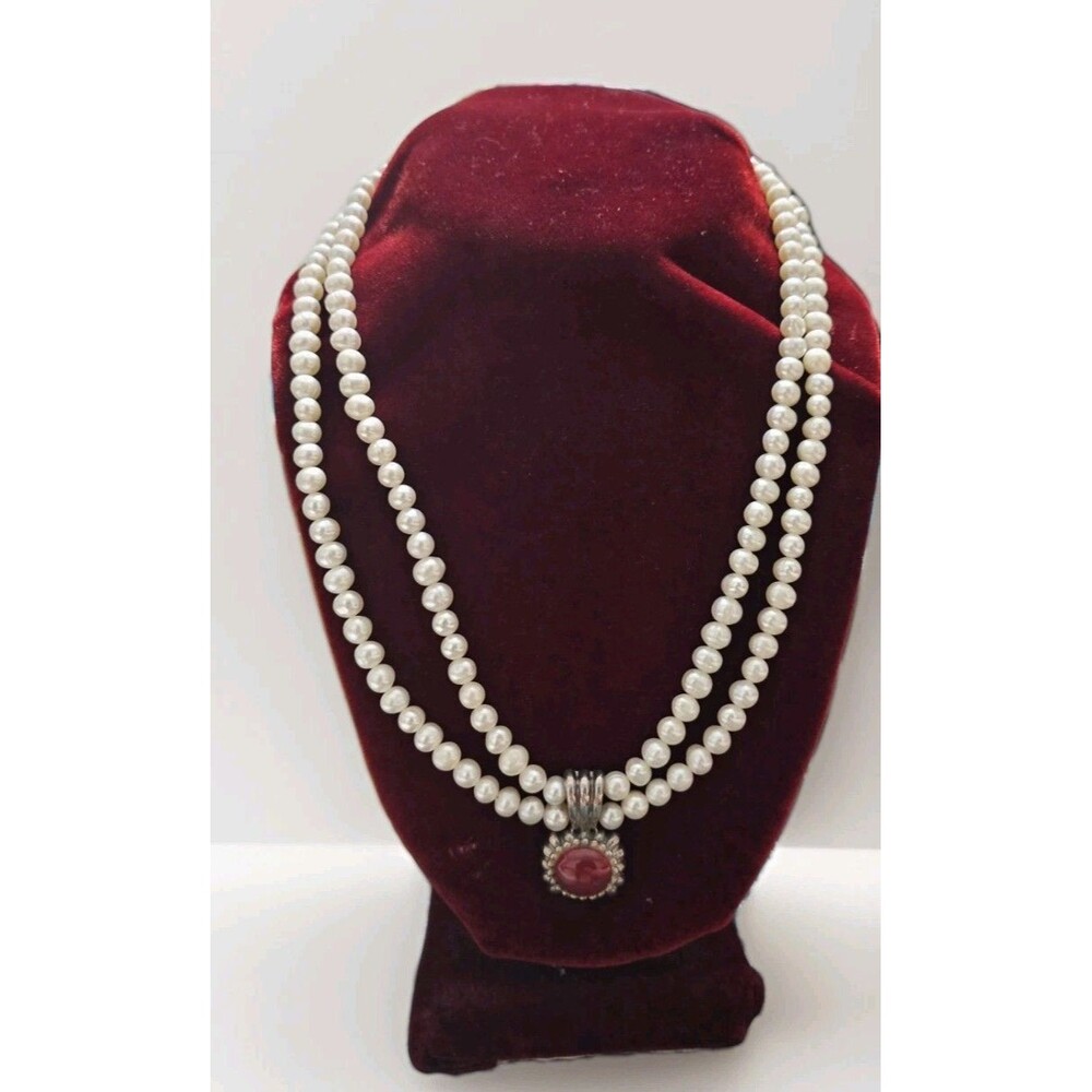 Double Strand Pearl Red Stone Sterling Silver Necklace